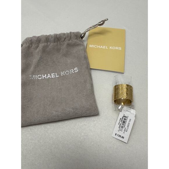 Michael Kors Gold Plated Pave Monogram Band Barrel Cigar Ring Size 8 NWT - Picture 1 of 6